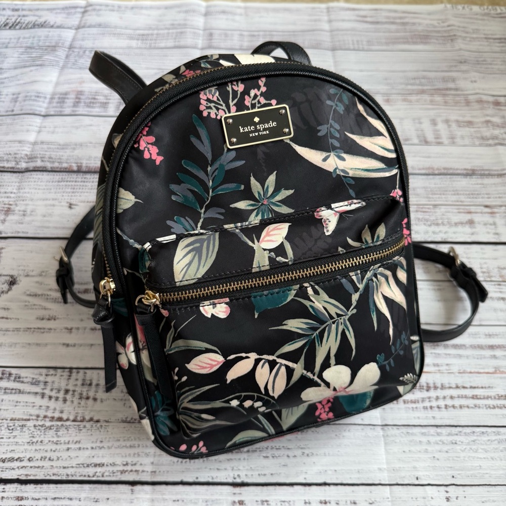 Kate Spade Black and Pink Backpack with Tropical Design